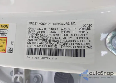 2020 Honda Accord Touring from USA, damaged, VIN 1HGCV2F96LA011360